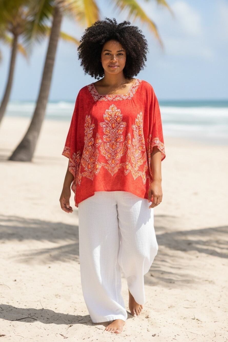 Bob Mackie Wearable Art Top Large Red Paisley Poncho Kaftan Dolman Tunic Boho